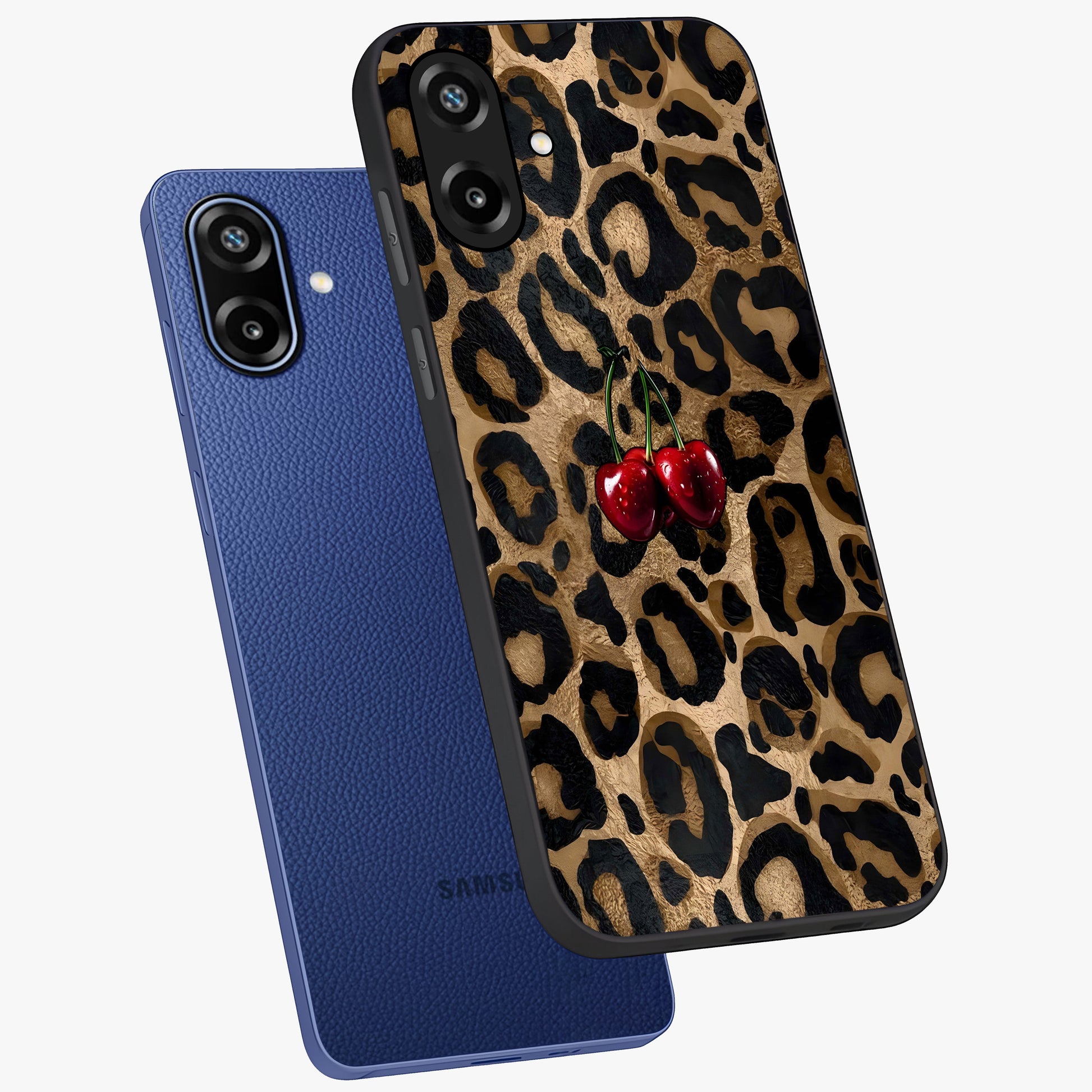 Leopard Wild Cherry Glass Case displayed in angled mockup highlighting bold animal print design with playful cherry aesthetic.