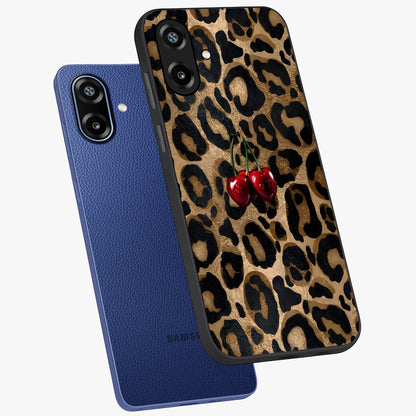 Leopard Wild Cherry Glass Case displayed in angled mockup highlighting bold animal print design with playful cherry aesthetic.