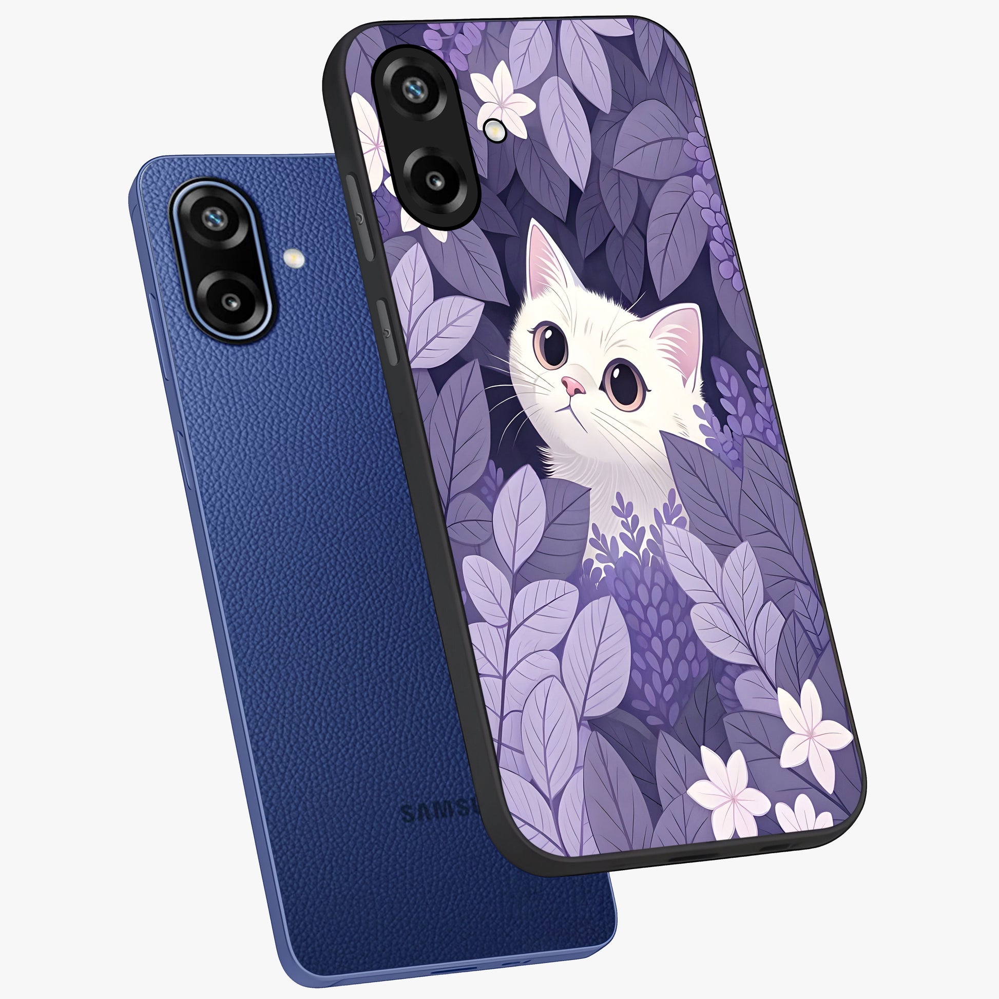 Lilac Hide Peek Cat Glass Case displayed in angled mockup highlighting playful feline illustration with lilac aesthetic design.