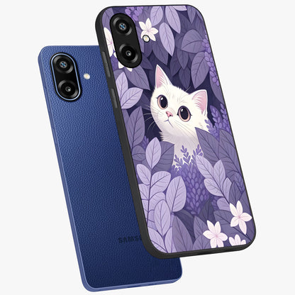 Lilac Hide Peek Cat Glass Case displayed in angled mockup highlighting playful feline illustration with lilac aesthetic design.