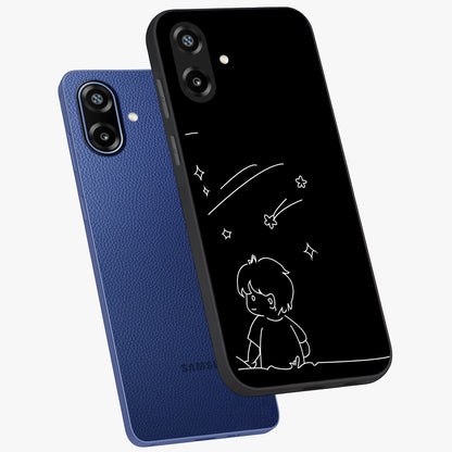 Line Art Boy With Shooting Stars Glass Case displayed in angled mockup highlighting elegant line art design with dreamy star aesthetic.