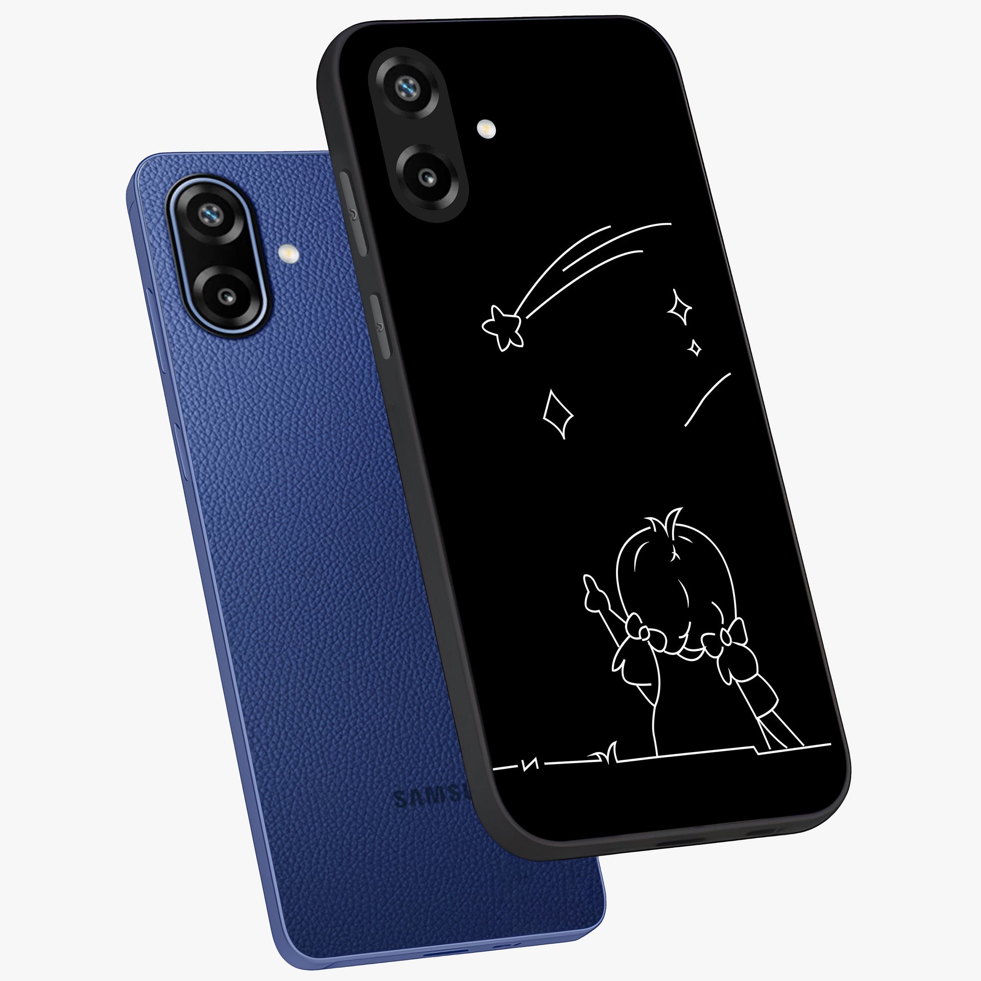 Line Art Girl With Shooting Stars Glass Case displayed in angled mockup highlighting elegant line art design with dreamy star aesthetic.