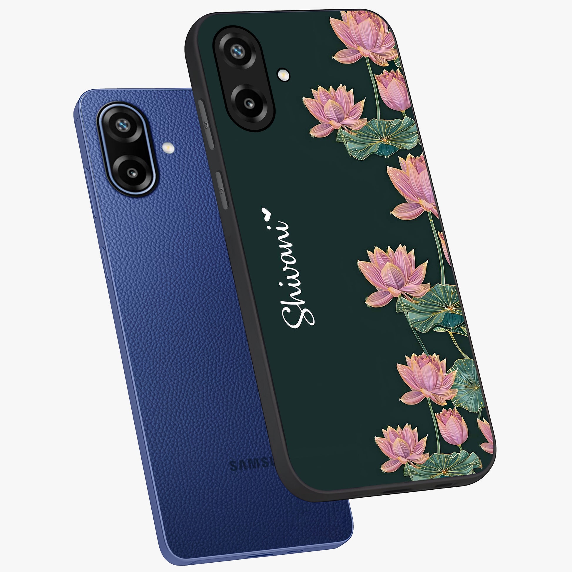 Lotus Bloom Serenity Custom Name Glass Case displayed in angled mockup highlighting graceful lotus illustration with custom name feature.
