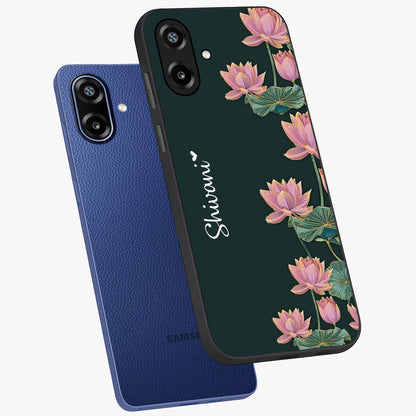 Lotus Bloom Serenity Custom Name Glass Case displayed in angled mockup highlighting graceful lotus illustration with custom name feature.