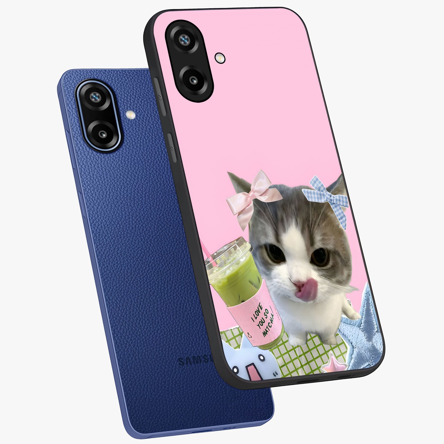 Love Matcha Cat Glass Case displayed in angled mockup highlighting playful feline illustration with cozy matcha aesthetic.