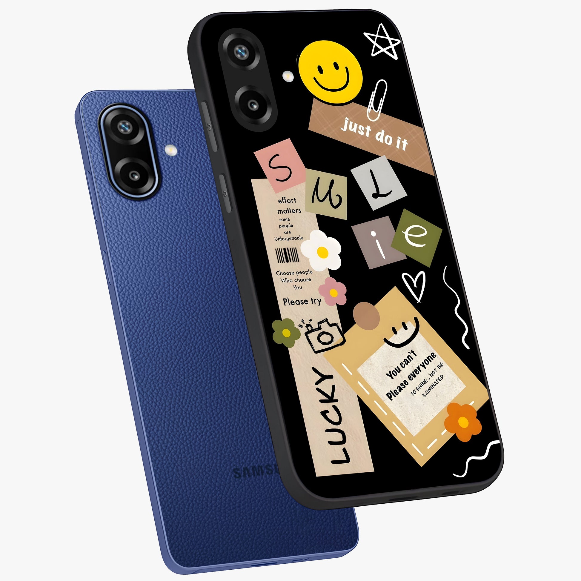 Lucky Aesthetic Collage Glass Case displayed in angled mockup highlighting stylish collage pattern with modern aesthetic vibe.