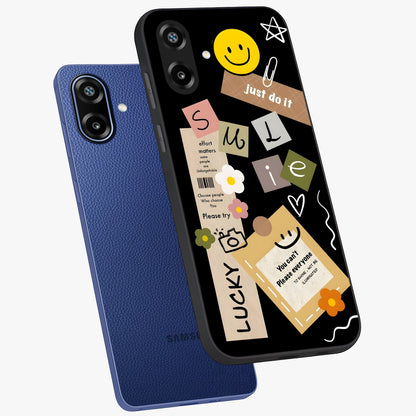 Lucky Aesthetic Collage Glass Case displayed in angled mockup highlighting stylish collage pattern with modern aesthetic vibe.