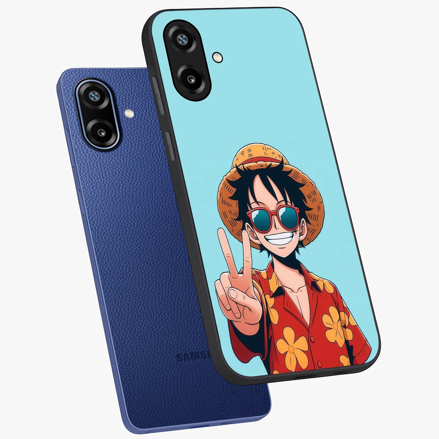Luffy Summer Anime Vibe Glass Case displayed in angled mockup highlighting energetic anime illustration with summer vibe aesthetic.