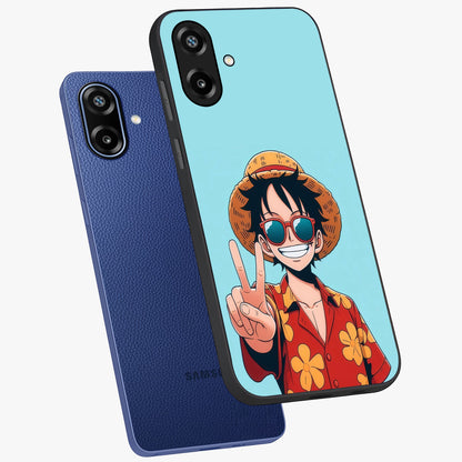 Luffy Summer Anime Vibe Glass Case displayed in angled mockup highlighting energetic anime illustration with summer vibe aesthetic.