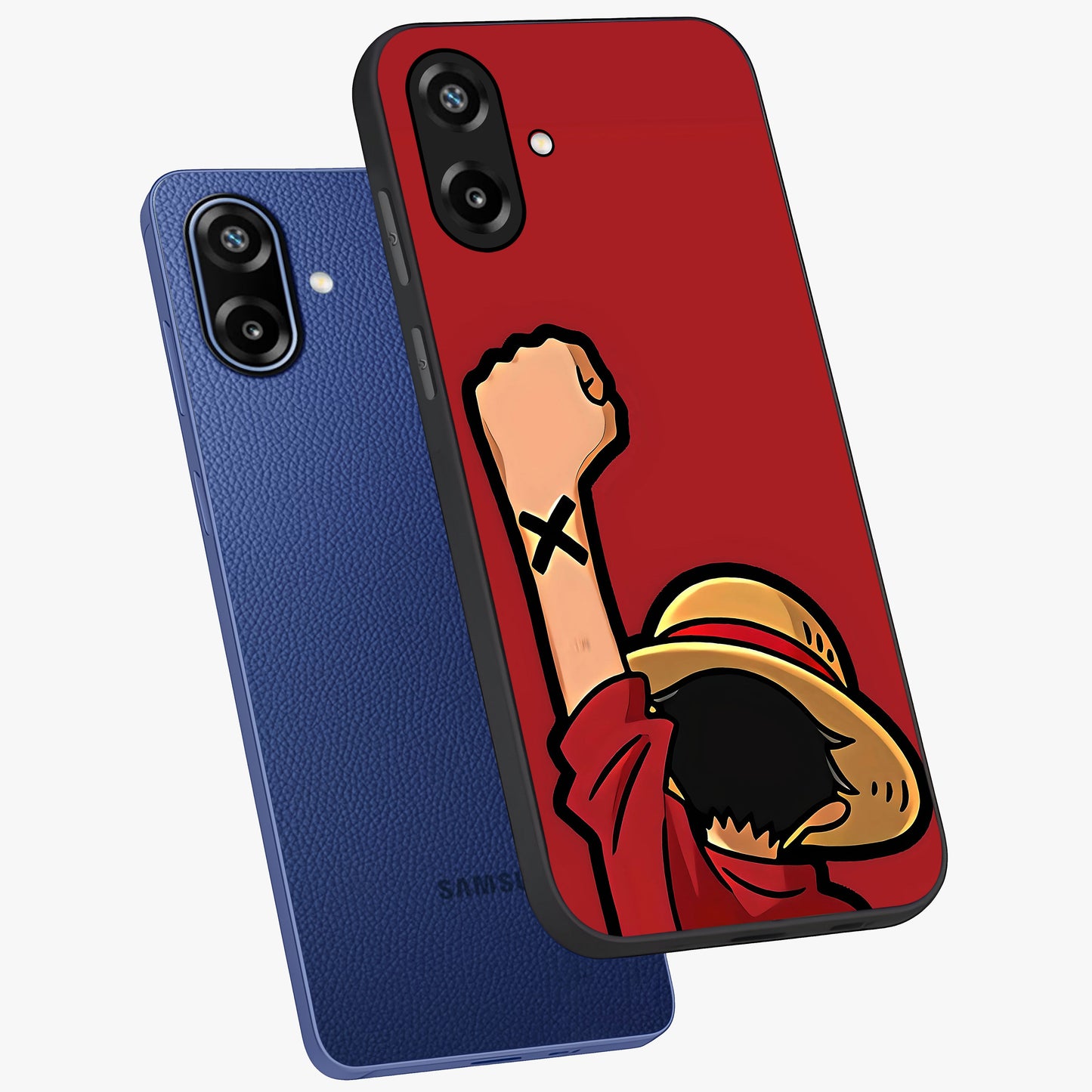 Luffy X Spirit Glass Case displayed in angled mockup highlighting powerful anime design with energetic action aesthetic.