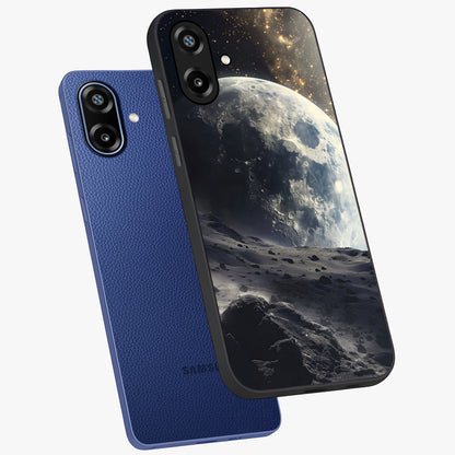 Lunar Horizon Glow Glass Case displayed in angled mockup highlighting celestial moon design with dreamy night aesthetic.
