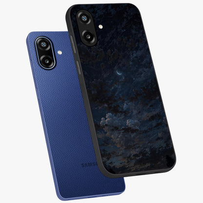 Lunar Veil Silence Glass Case displayed in angled mockup highlighting soft lunar design with peaceful celestial aesthetic.
