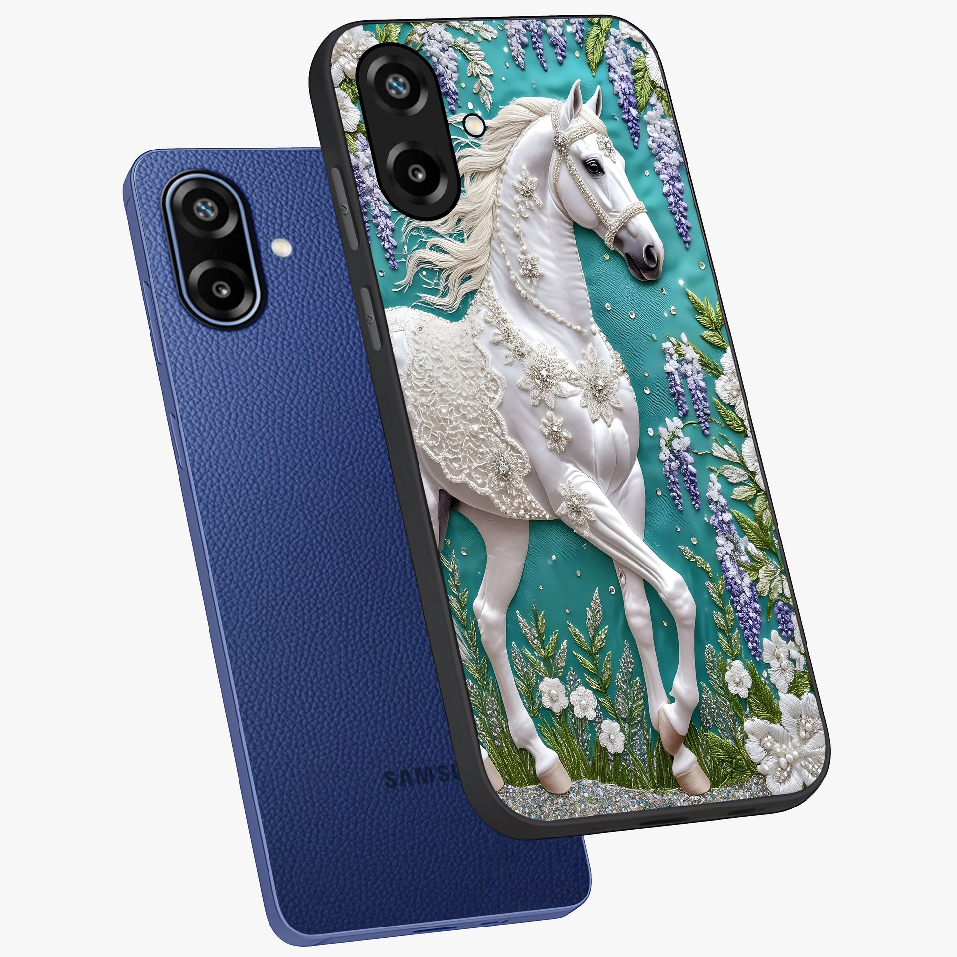 Majestic Floral Stallion Glass Case displayed in angled mockup highlighting majestic stallion illustration with elegant floral aesthetic.