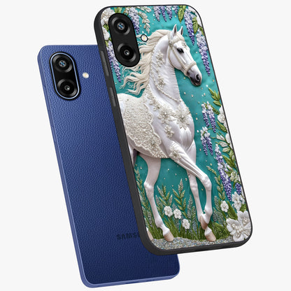 Majestic Floral Stallion Glass Case displayed in angled mockup highlighting majestic stallion illustration with elegant floral aesthetic.