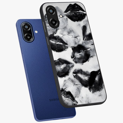 Midnight Kiss Marks Glass Case displayed in angled mockup highlighting playful romantic design with bold midnight aesthetic.