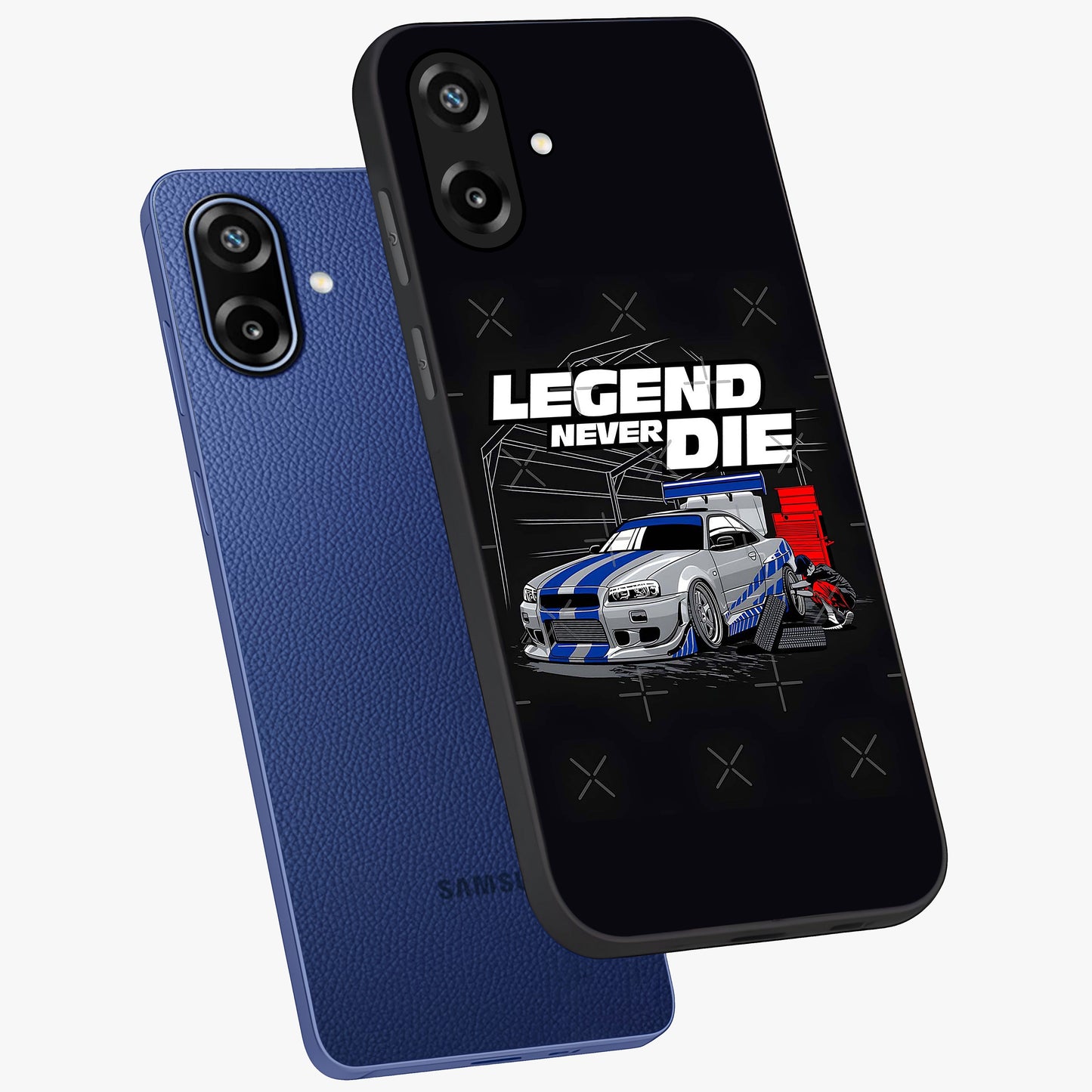 Midnight Racing Legacy Glass Case displayed in angled mockup highlighting dynamic automotive design with bold midnight aesthetic.