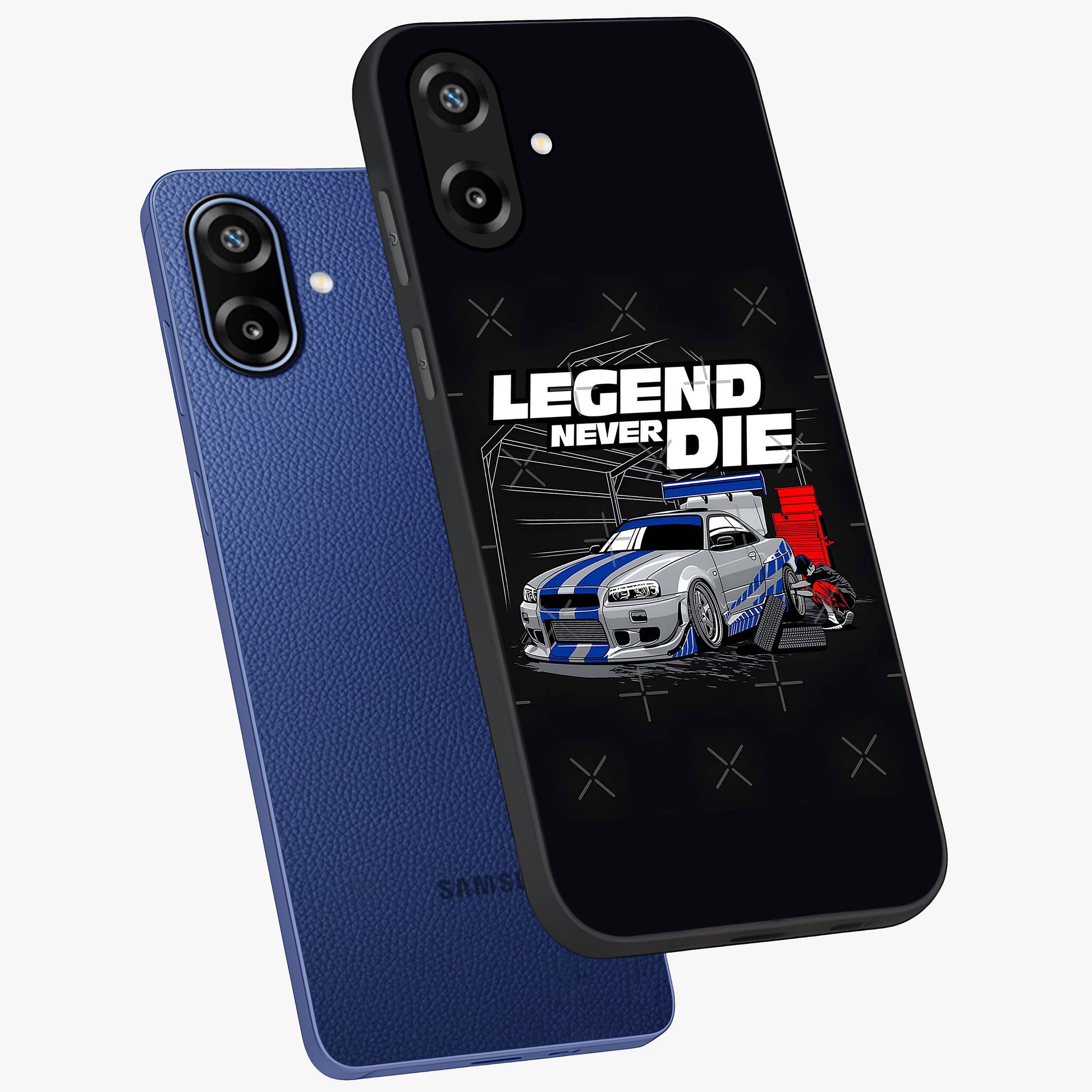 Midnight Racing Legacy Glass Case displayed in angled mockup highlighting dynamic automotive design with bold midnight aesthetic.