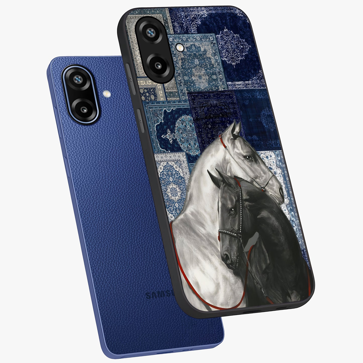 Midnight Stallion Blues Glass Case displayed in angled mockup highlighting powerful stallion illustration with deep midnight tones.