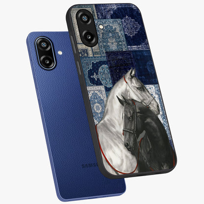 Midnight Stallion Blues Glass Case displayed in angled mockup highlighting powerful stallion illustration with deep midnight tones.