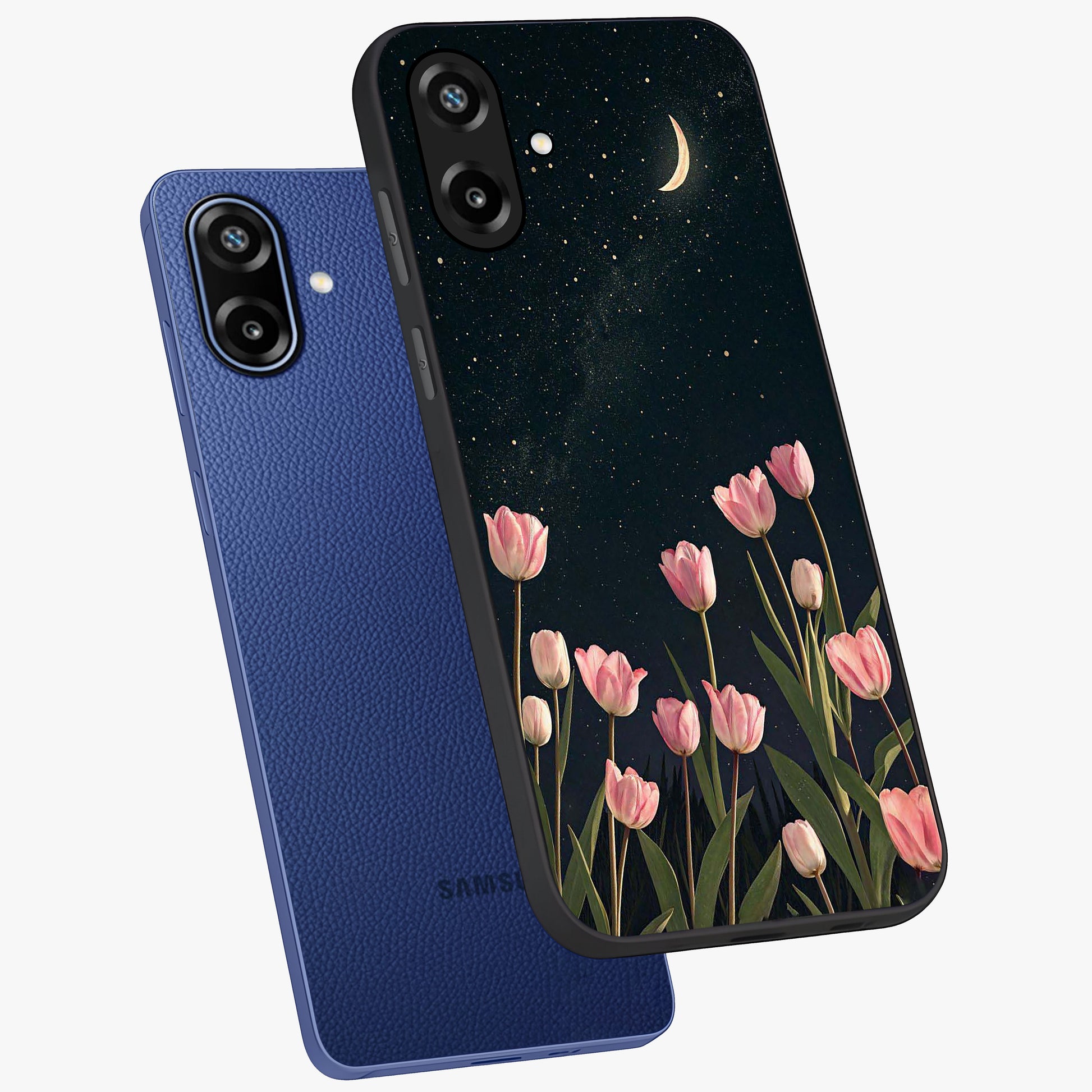 Midnight Tulip Whispers Vibe Glass Case displayed in angled mockup highlighting delicate tulip design with midnight floral aesthetic.