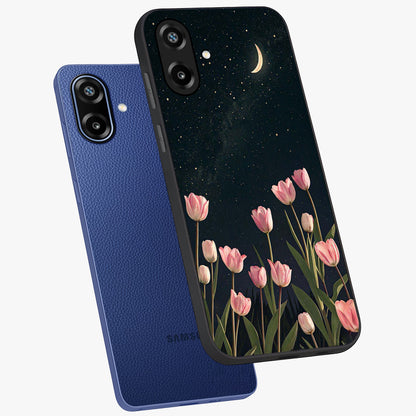 Midnight Tulip Whispers Vibe Glass Case displayed in angled mockup highlighting delicate tulip design with midnight floral aesthetic.