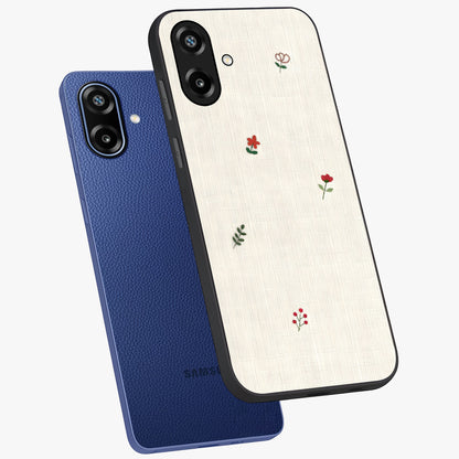 Minimalistic Blue With White Flower Pattern Glass Case displayed in angled mockup highlighting simple floral design with minimal aesthetic.