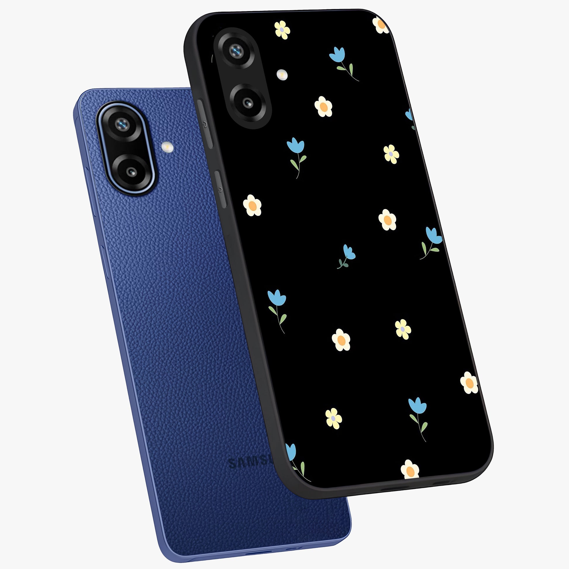 Minimal Petal Whispers Glass Case displayed in angled mockup highlighting delicate petal design with clean minimal aesthetic.