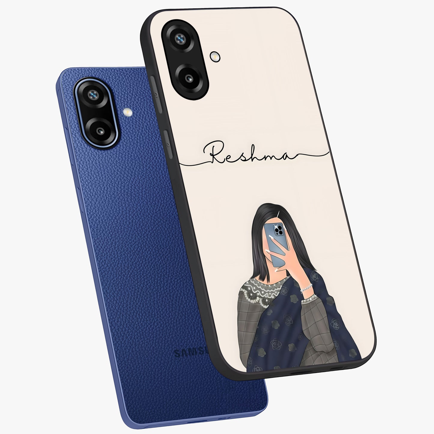 Mirror Mood Muse With Custom Name Glass Case displayed in angled mockup highlighting aesthetic mirror inspired design with custom name feature.