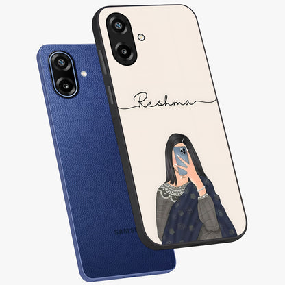 Mirror Mood Muse With Custom Name Glass Case displayed in angled mockup highlighting aesthetic mirror inspired design with custom name feature.