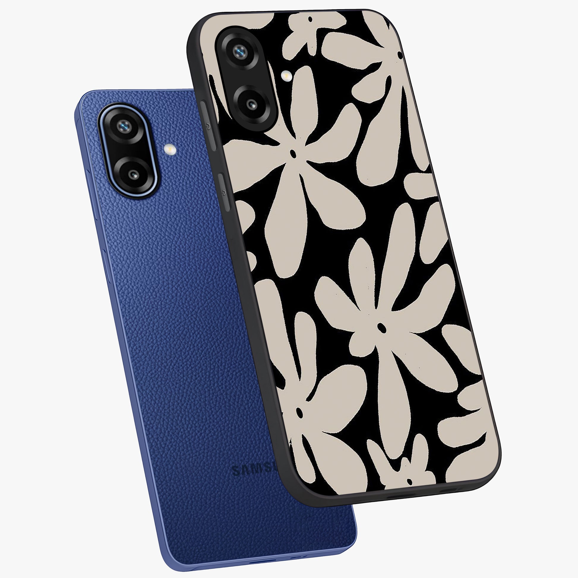 Monochrome Petal Dance Glass Case displayed in angled mockup highlighting elegant petal design with black and white aesthetic.