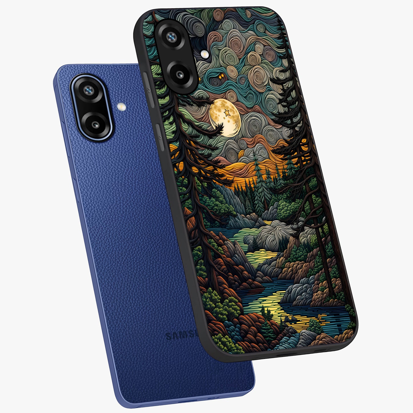 Moonlight Forest Dream Glass Case displayed in angled mockup highlighting dreamy forest design with glowing moon aesthetic.