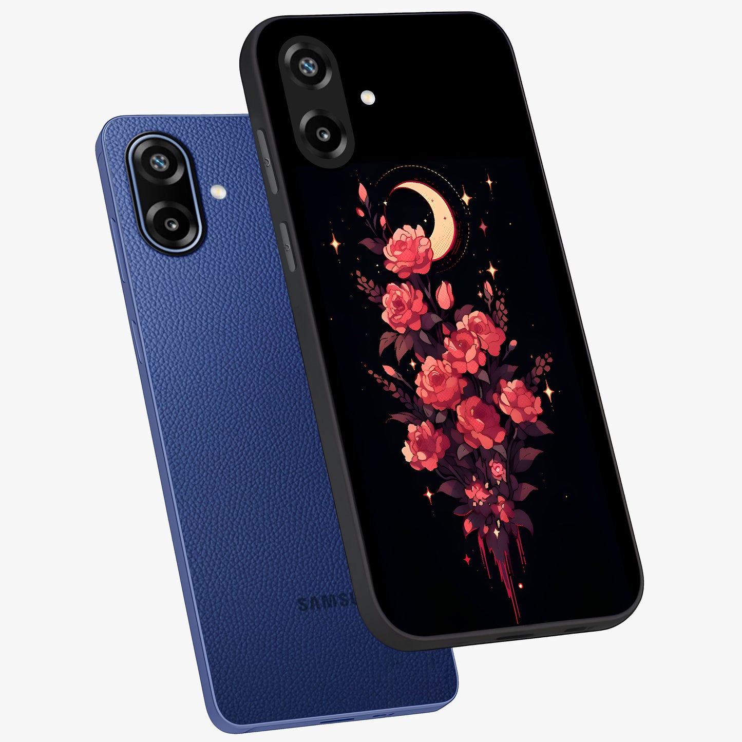 Moonlit Floral Elegance Glass Case displayed in angled mockup highlighting graceful flower design with soft moonlight aesthetic.