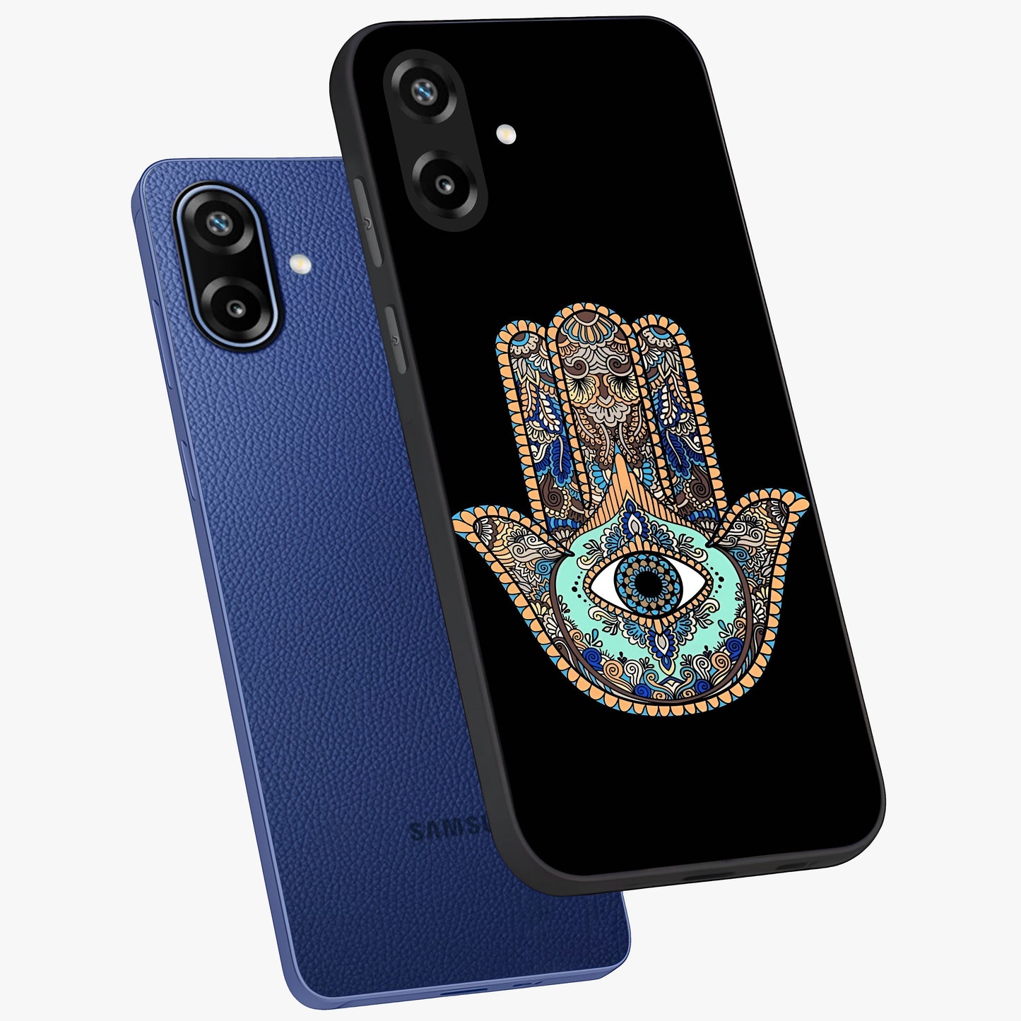 Mystic Hamsa Eye Glass Case displayed in angled mockup highlighting spiritual hamsa symbol with mystical aesthetic style.