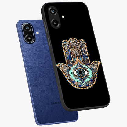 Mystic Hamsa Eye Glass Case displayed in angled mockup highlighting spiritual hamsa symbol with mystical aesthetic style.