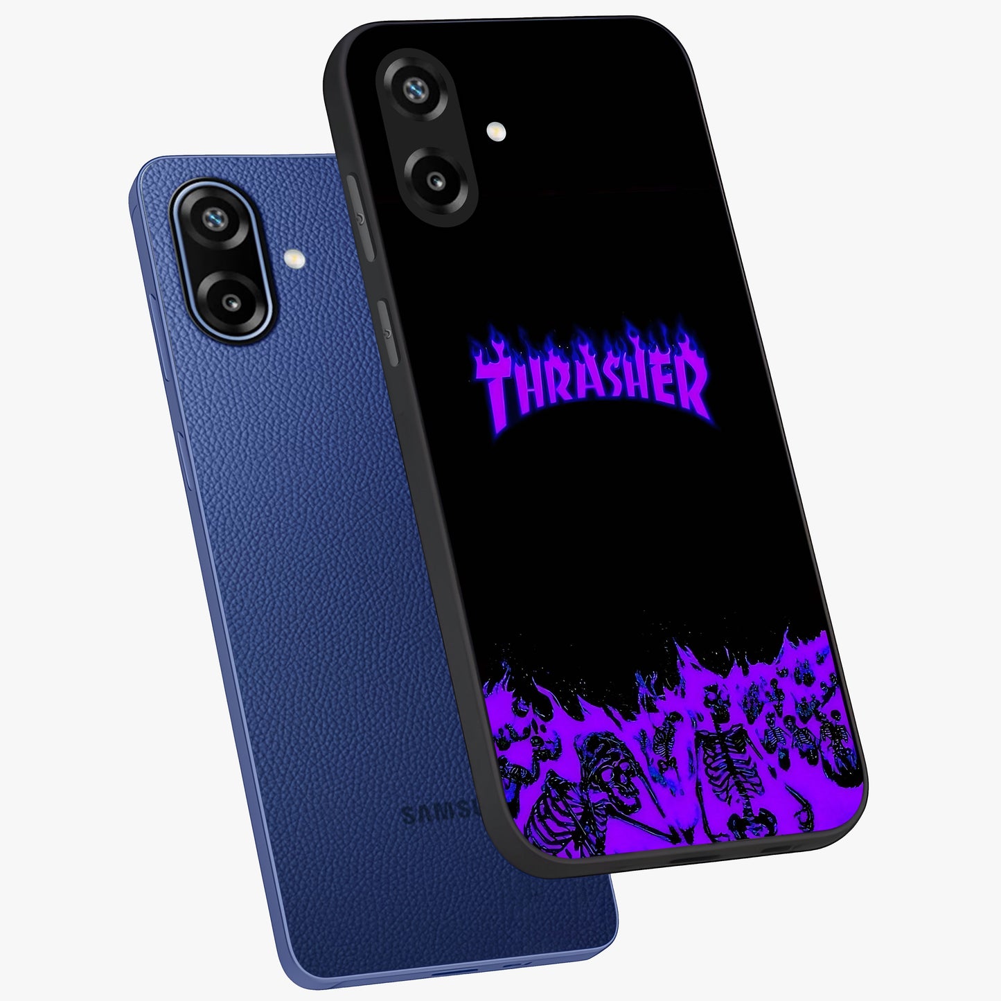 Neon Flame Riot Glass Case displayed in angled mockup highlighting glowing flame design with vibrant neon aesthetic.