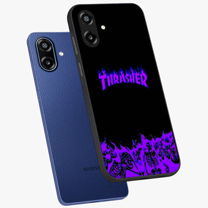 Neon Flame Riot Glass Case displayed in angled mockup highlighting glowing flame design with vibrant neon aesthetic.