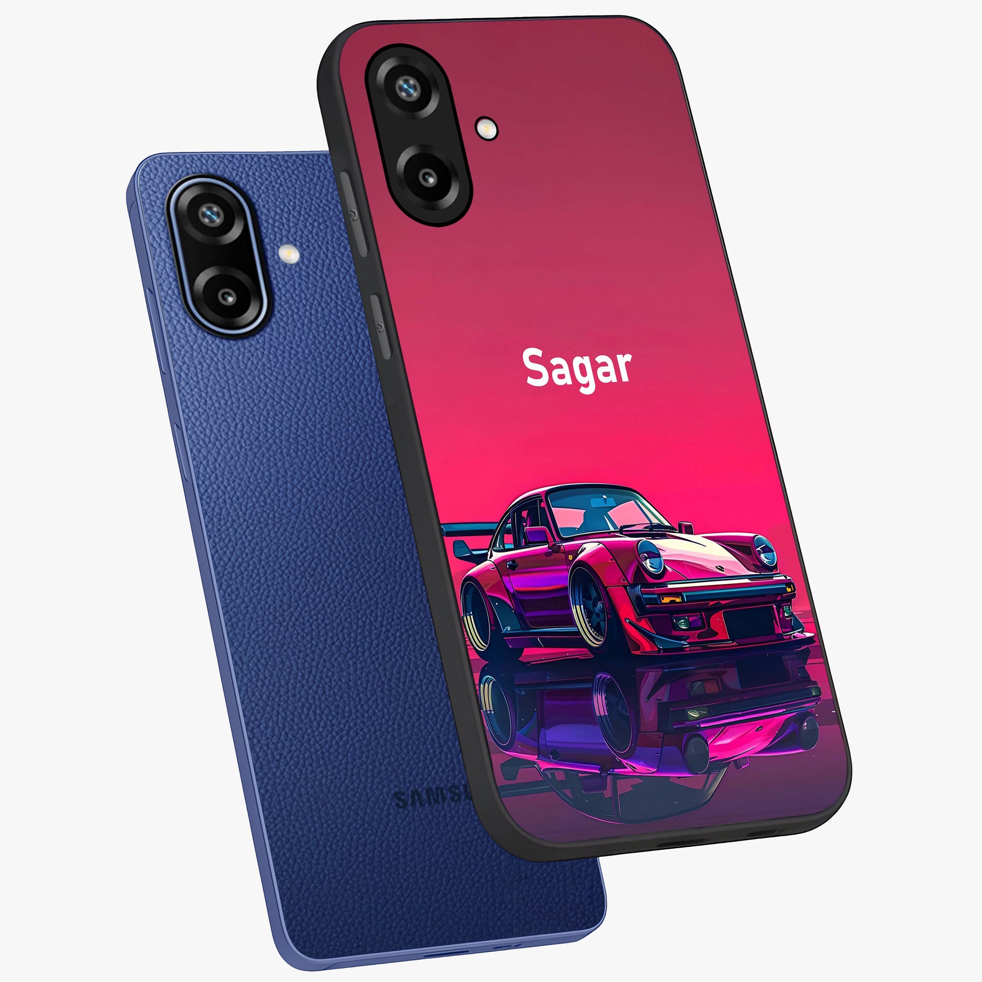 Neon Pink Porsche Glass Case displayed in angled mockup highlighting sleek neon pink car design with racing aesthetic.