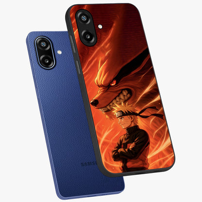 Nine Tails Legacy Glass Case displayed in angled mockup highlighting dynamic anime beast illustration with bold mystical aesthetic.