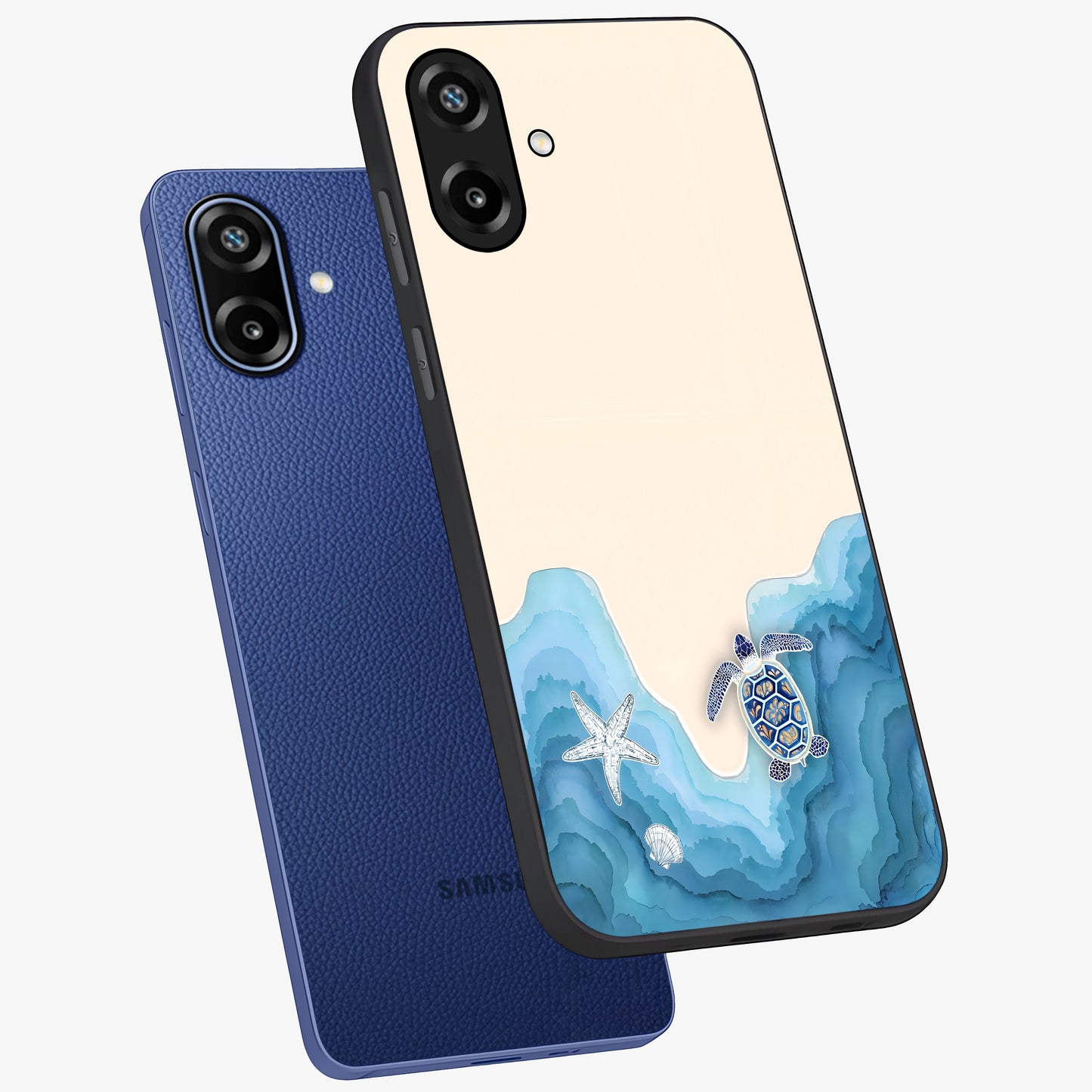 Ocean Drift Turtle Glass Case displayed in angled mockup highlighting peaceful ocean turtle illustration with marine aesthetic.