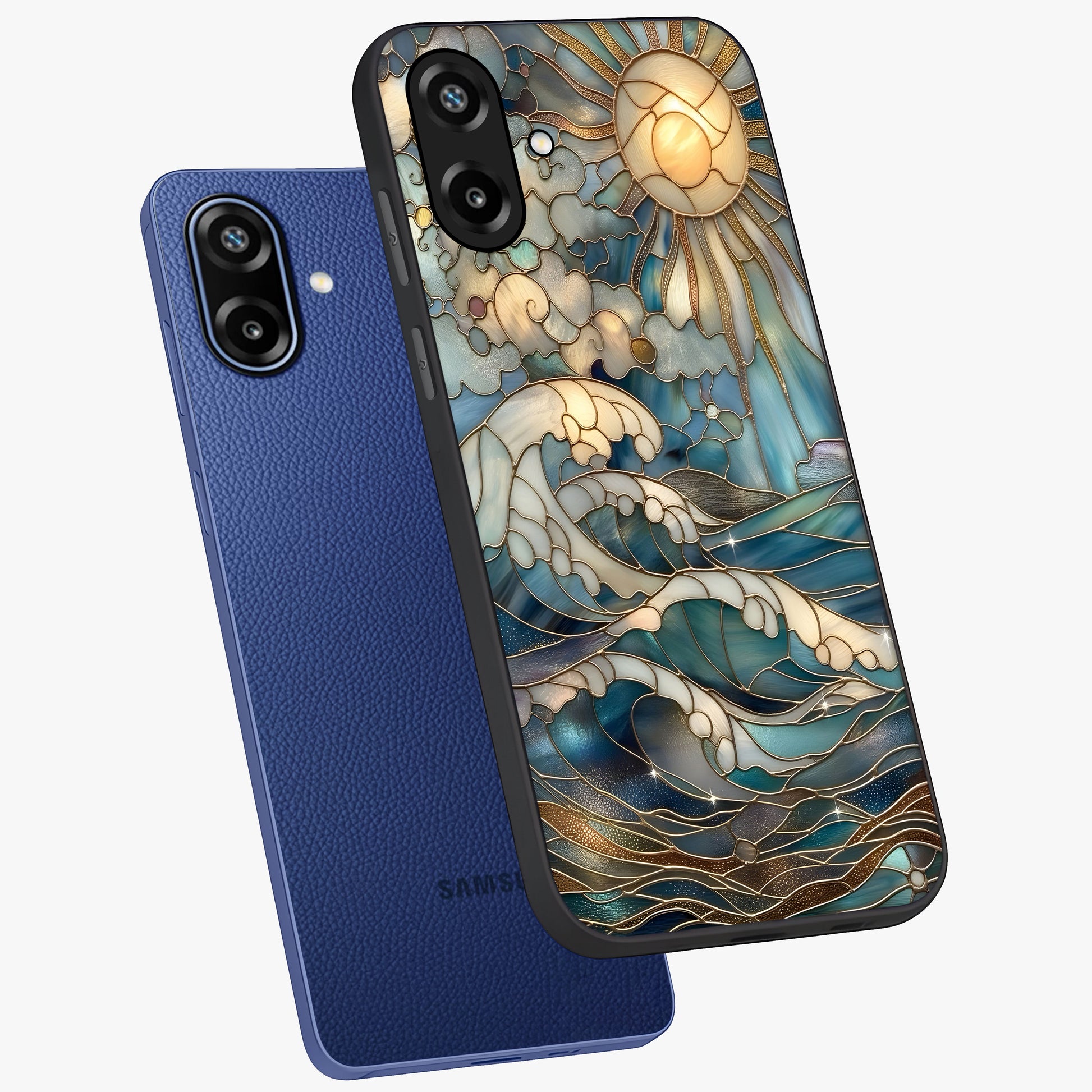 Oceanic Stained Printed Glass Case displayed in angled mockup highlighting colorful aquatic design with artistic aesthetic style.