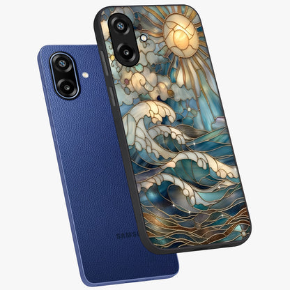 Oceanic Stained Printed Glass Case displayed in angled mockup highlighting colorful aquatic design with artistic aesthetic style.