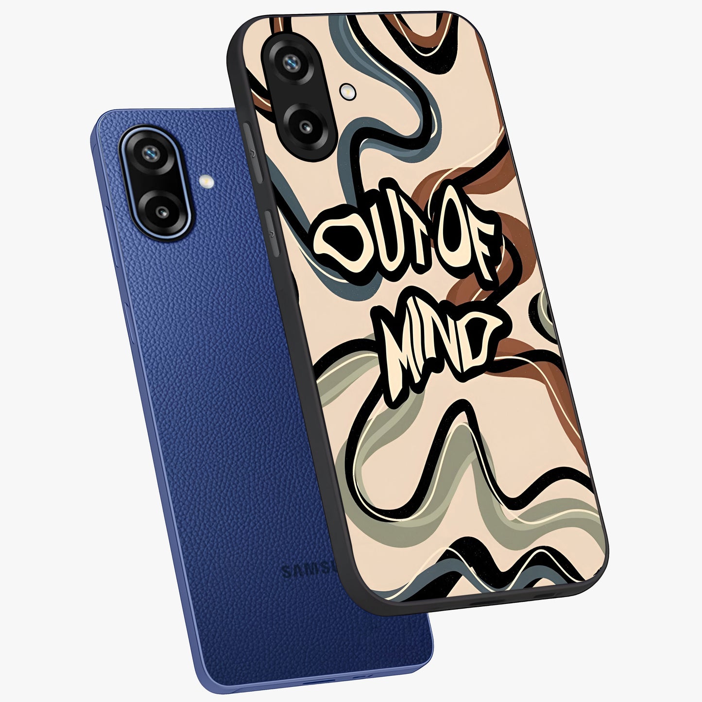 Out Of Mind Glass Case displayed in angled mockup highlighting bold statement design with modern artistic aesthetic.
