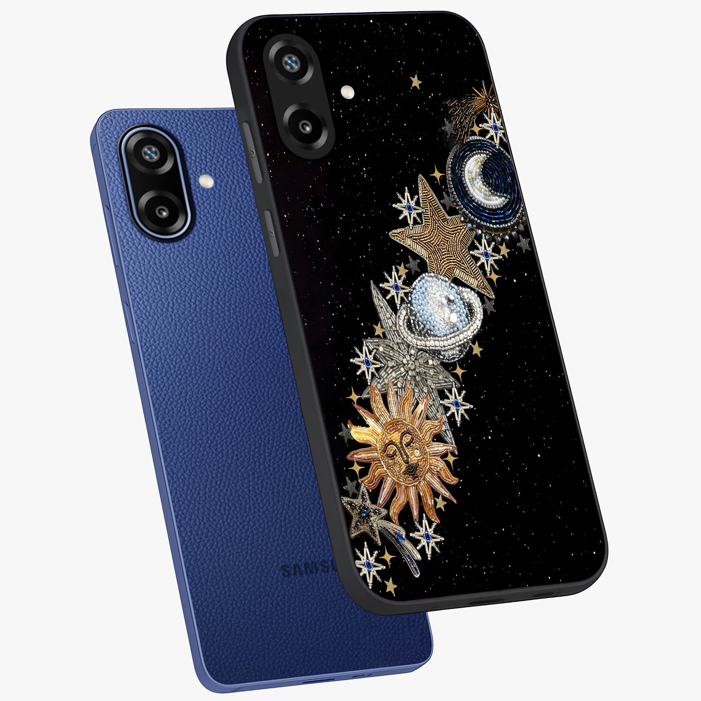 Pearls Universe Object Glass Case displayed in angled mockup highlighting celestial pearl design with dreamy aesthetic.