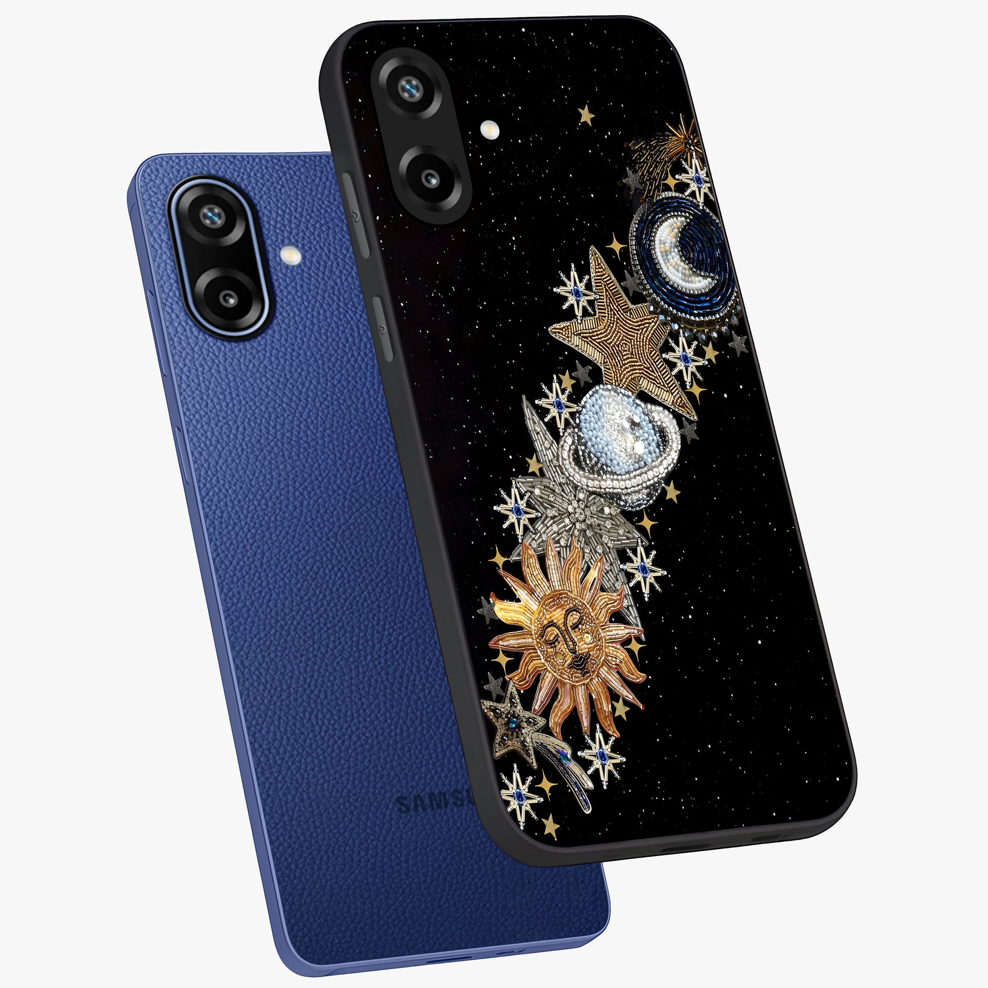 Pearls Universe Object Glass Case displayed in angled mockup highlighting celestial pearl design with dreamy aesthetic.