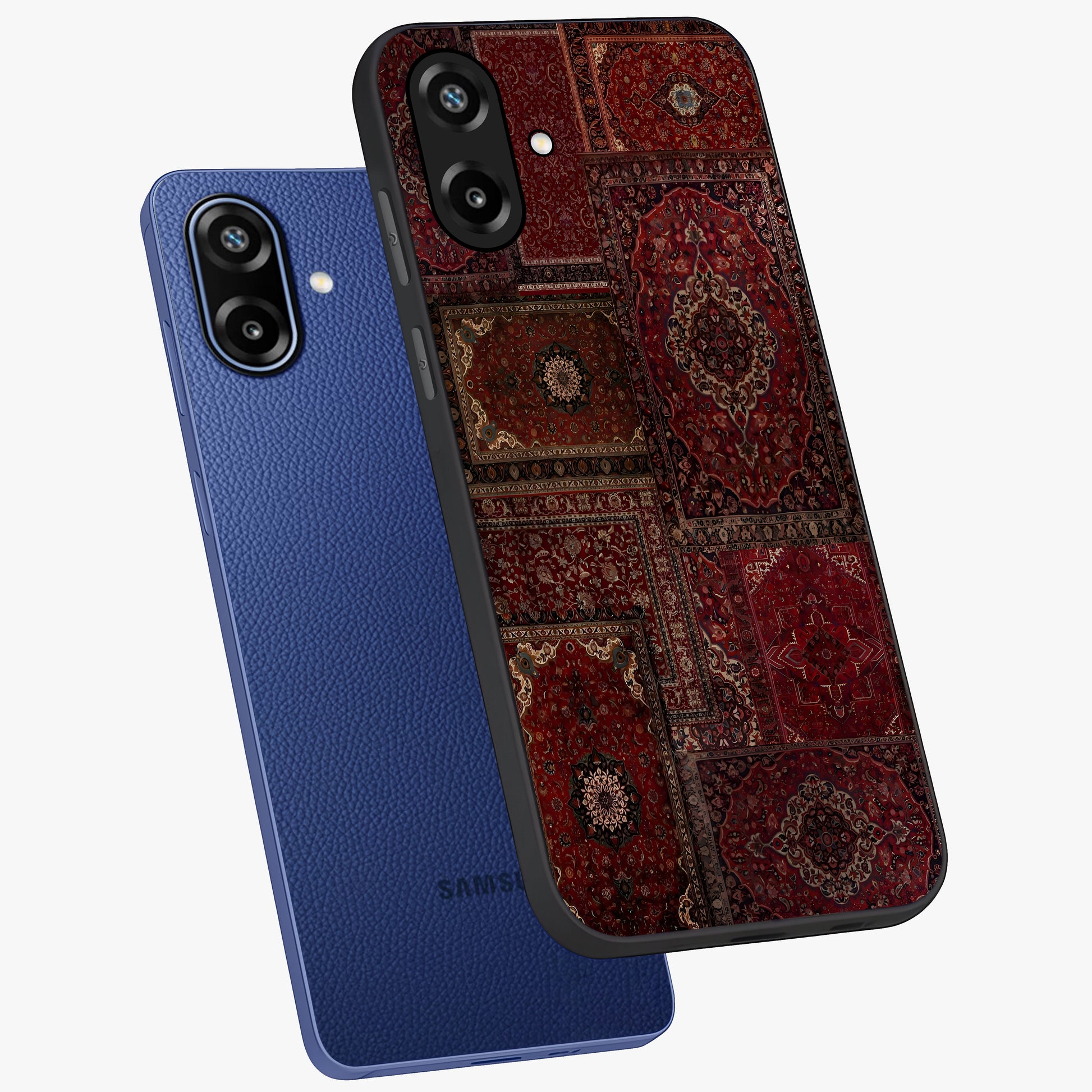 Persian Velvet Tale Glass Case displayed in angled mockup highlighting ornate textile inspired design with royal aesthetic.