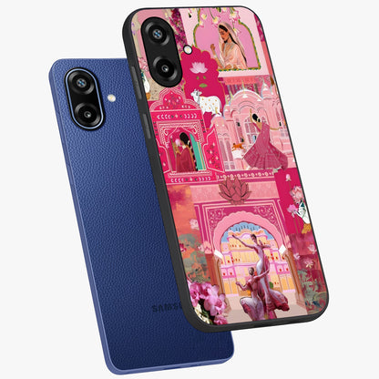 Pink Palace Muse Glass Case displayed in angled mockup highlighting dreamy palace illustration with soft pink aesthetic.