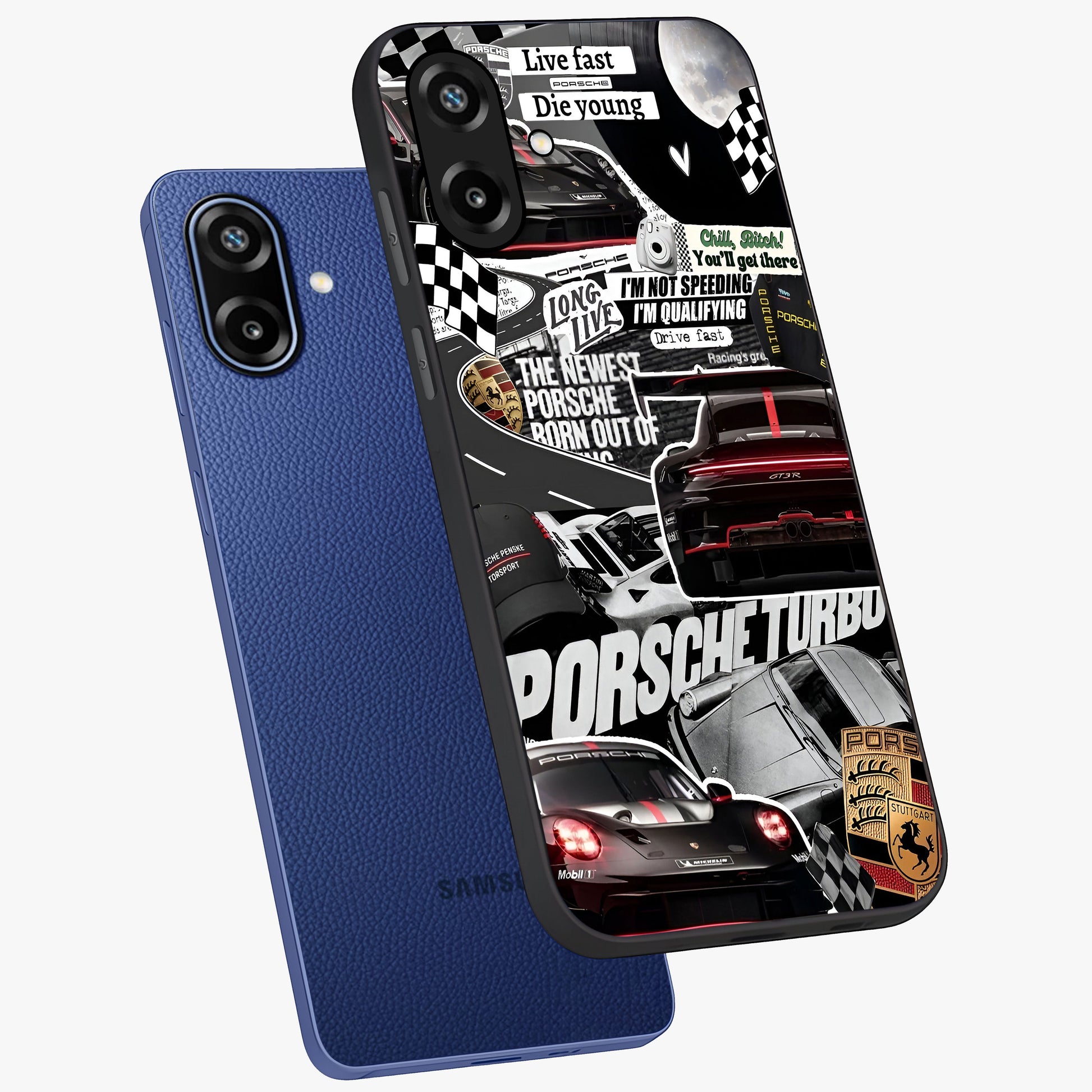 Porsche Racing Collage Glass Case displayed in angled mockup highlighting dynamic automotive design with bold racing aesthetic.