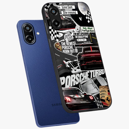 Porsche Racing Collage Glass Case displayed in angled mockup highlighting dynamic automotive design with bold racing aesthetic.