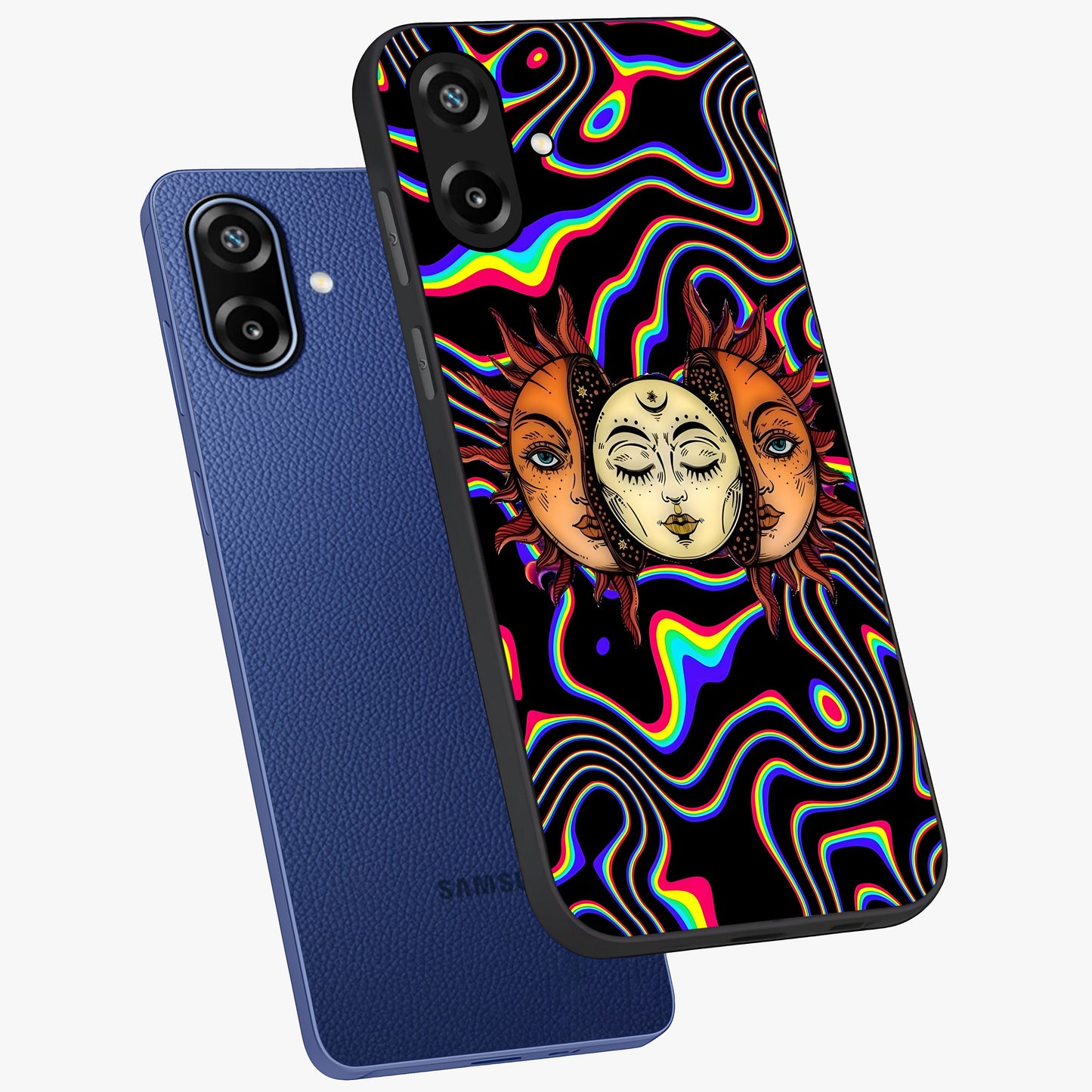 Psychedelic Sun Glass Case displayed in angled mockup highlighting vibrant abstract sun design with artistic aesthetic style.