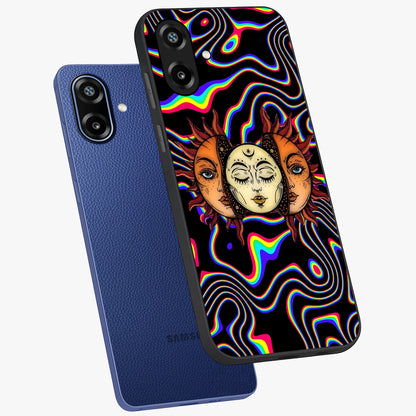 Psychedelic Sun Glass Case displayed in angled mockup highlighting vibrant abstract sun design with artistic aesthetic style.